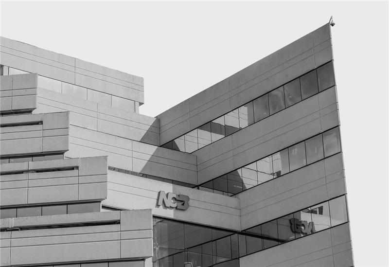 Grayscale of the atrium building